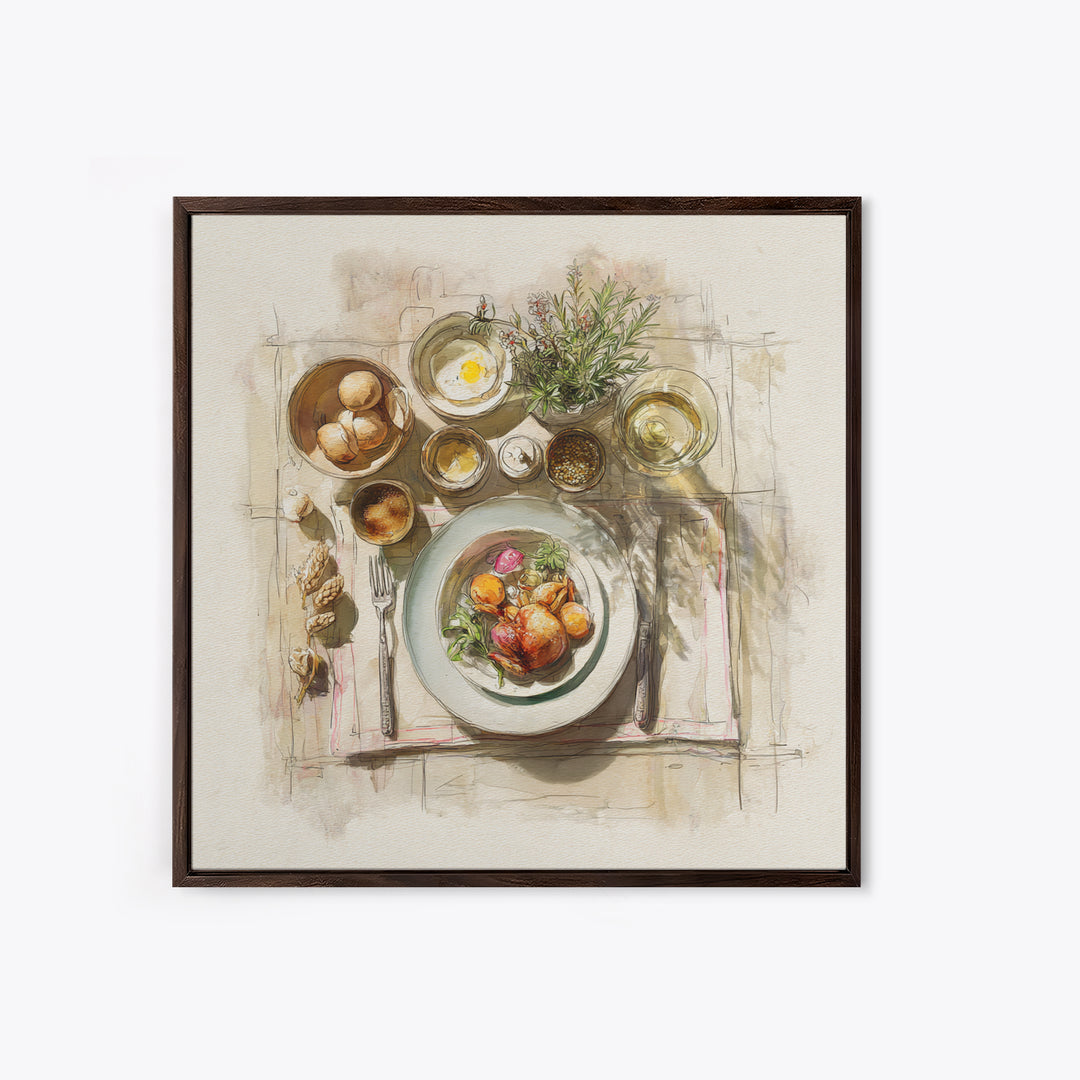 Rooster and Herbs for Farmhouse Restaurant Mood Framed Canvas Print, Restaurant Art, Kitchen Decor, Restaurant Decor, Bistro, RES-1x1-44