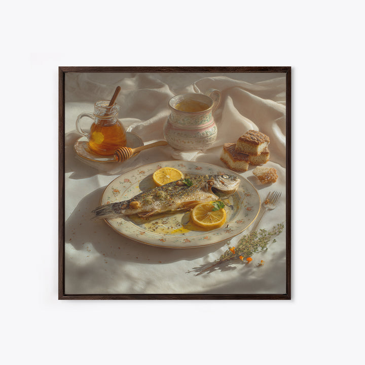 Fresh Fish with Lemon and Herbs Framed Canvas Print, Restaurant Art, Kitchen Art, Restaurant Decor, Fine Art, Bistro, RES-1x1-47