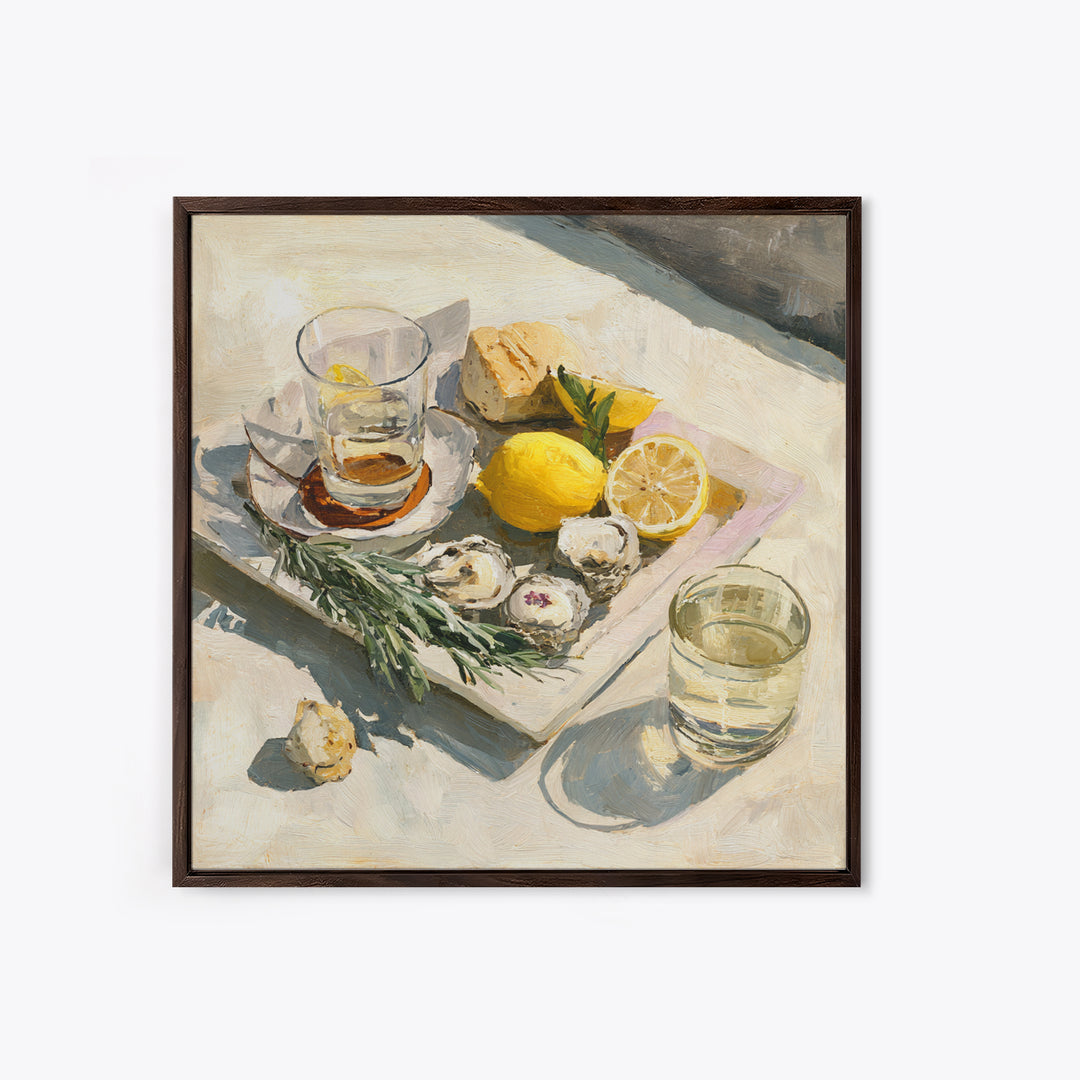 Oyster Platter with Lemons and Champagne Framed Canvas Print, Restaurant Art, Food Art, Restaurant Decor, Oil Painting, Bistro, RES-1x1-51