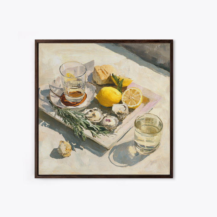Oyster Platter with Lemons and Champagne Framed Canvas Print, Restaurant Art, Food Art, Restaurant Decor, Oil Painting, Bistro, RES-1x1-51