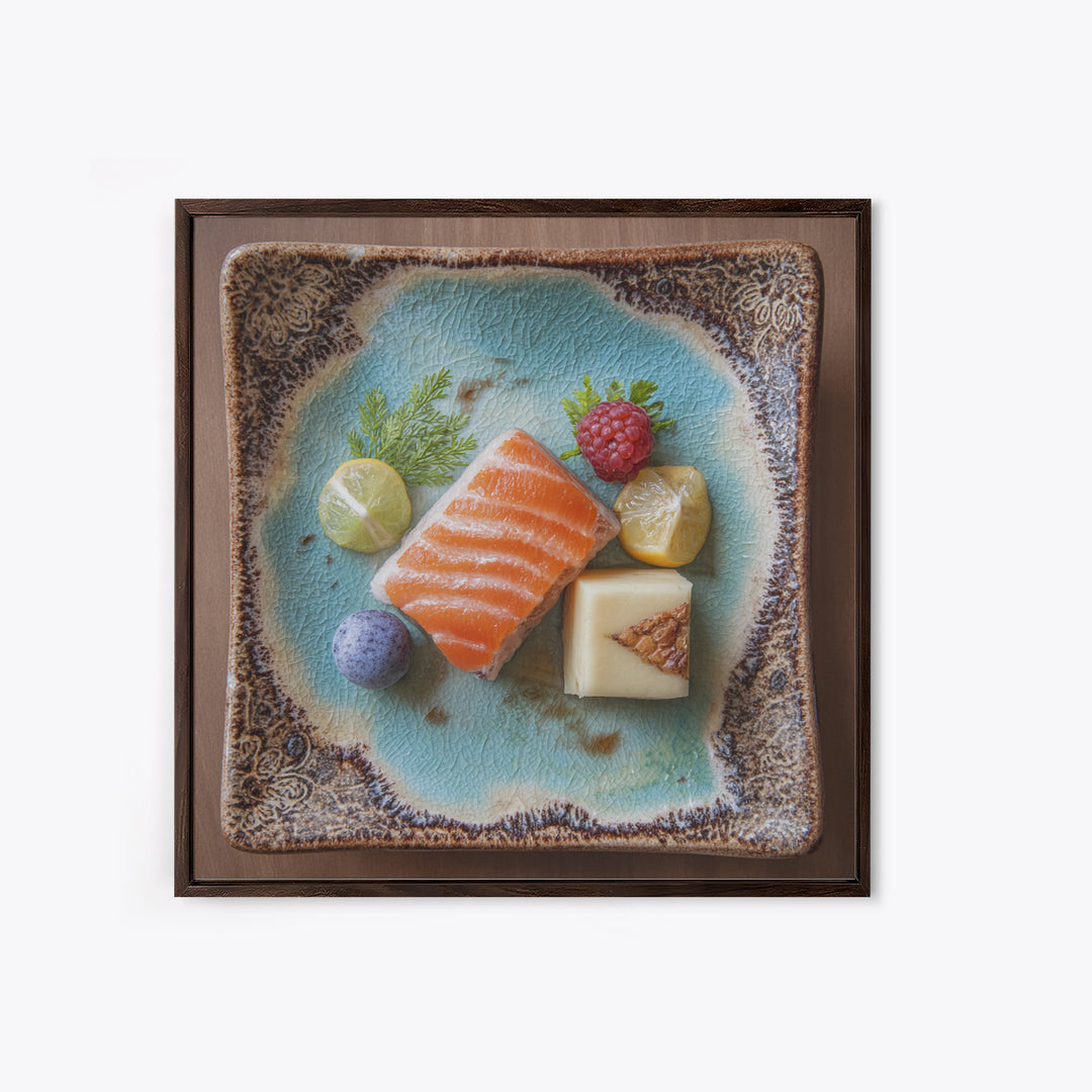 Sushi Fish and Ceramic Plate Composition Framed Canvas Print, Restaurant Art, Textured Painting, Restaurant Decor, Bistro, RES-1x1-53