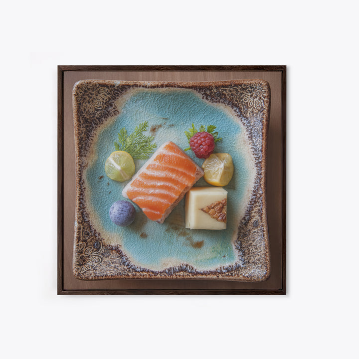 Sushi Fish and Ceramic Plate Composition Framed Canvas Print, Restaurant Art, Textured Painting, Restaurant Decor, Bistro, RES-1x1-53