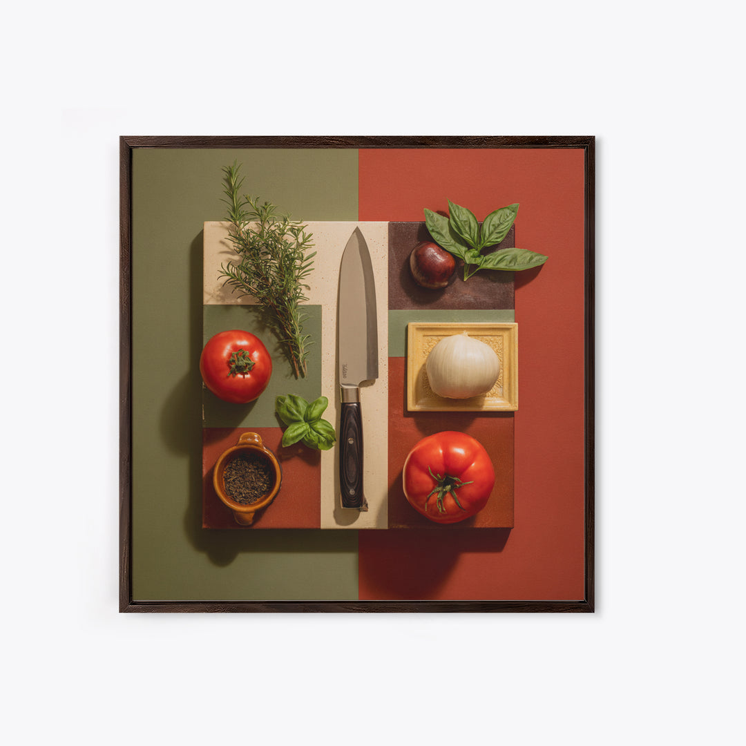 Chef Knife Herbs and Cutting Board Still Framed Canvas Print, Restaurant Art, Boho Decor, Restaurant Decor, Oil Painting, RES-1x1-61