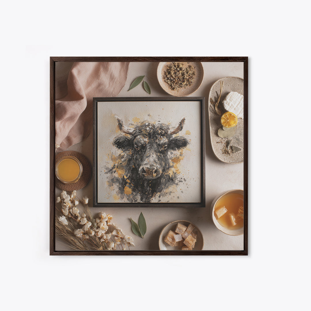 Steakhouse Black and Gold Bull Portrait Framed Canvas Print, Restaurant Art, Digital Print, Restaurant Decor, Fine Art, Bistro, RES-1x1-7