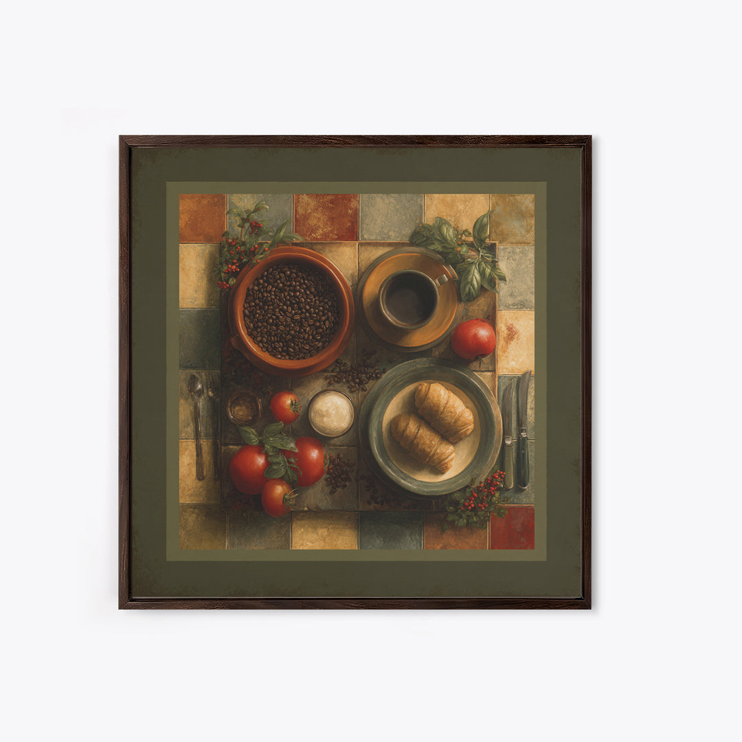Coffee Beans and Pastry Arrangement Framed Canvas Print, Restaurant Art, Stained Glass Art, Restaurant Decor, Fine Art, Bistro, RES-1x1-70