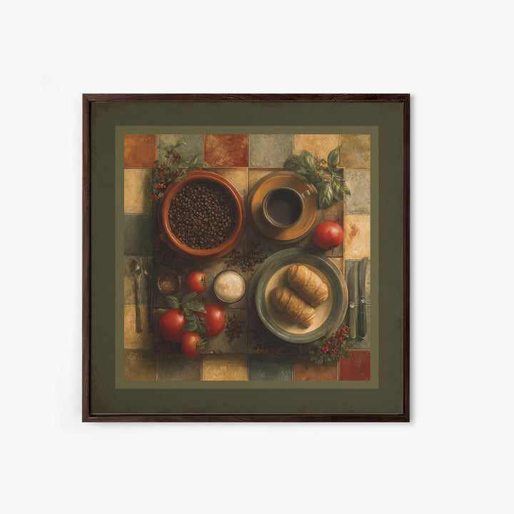 Coffee Beans and Pastry Arrangement Framed Canvas Print, Restaurant Art, Stained Glass Art, Restaurant Decor, Fine Art, Bistro, RES-1x1-70