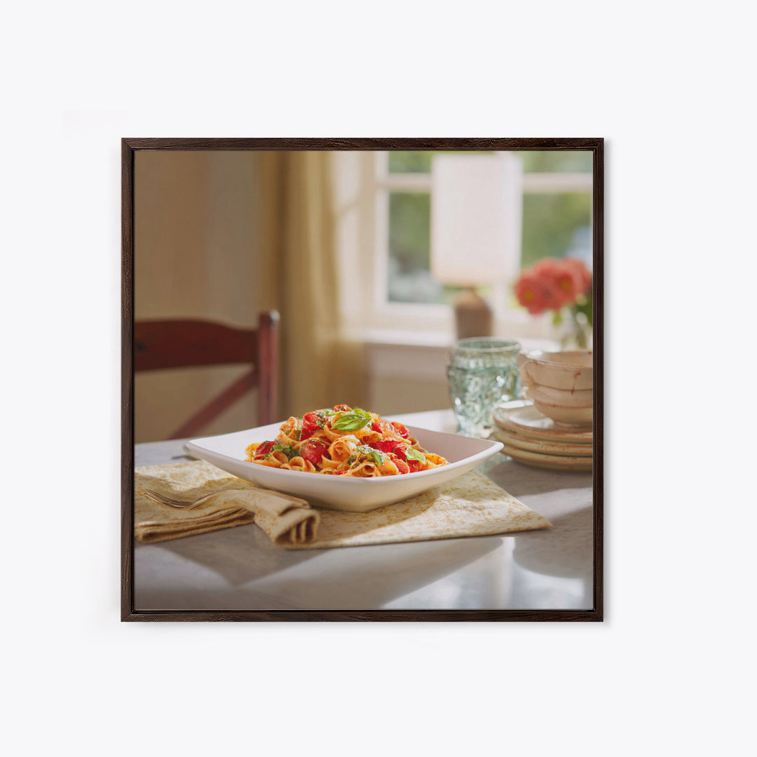 Fresh Pasta with Tomatoes and Basil Framed Canvas Print, Restaurant Art, Fine Art Print, Restaurant Decor, Fine Art, Bistro, RES-1x1-74