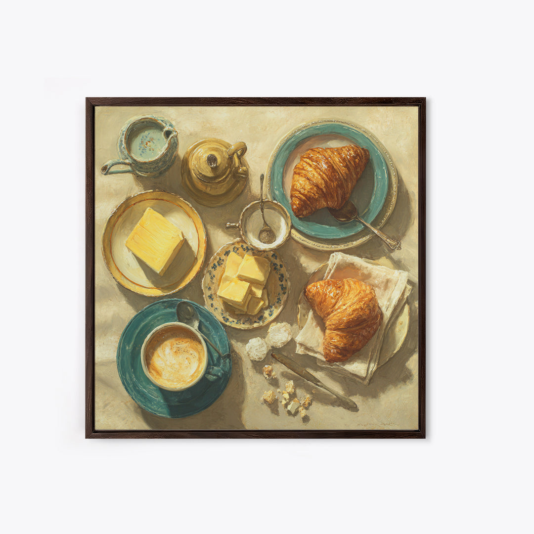 French Bistro Coffee and Croissant Still Life Framed Canvas Print, Restaurant Art, Statement Artwork, Restaurant Decor, Bistro, RES-1x1-78
