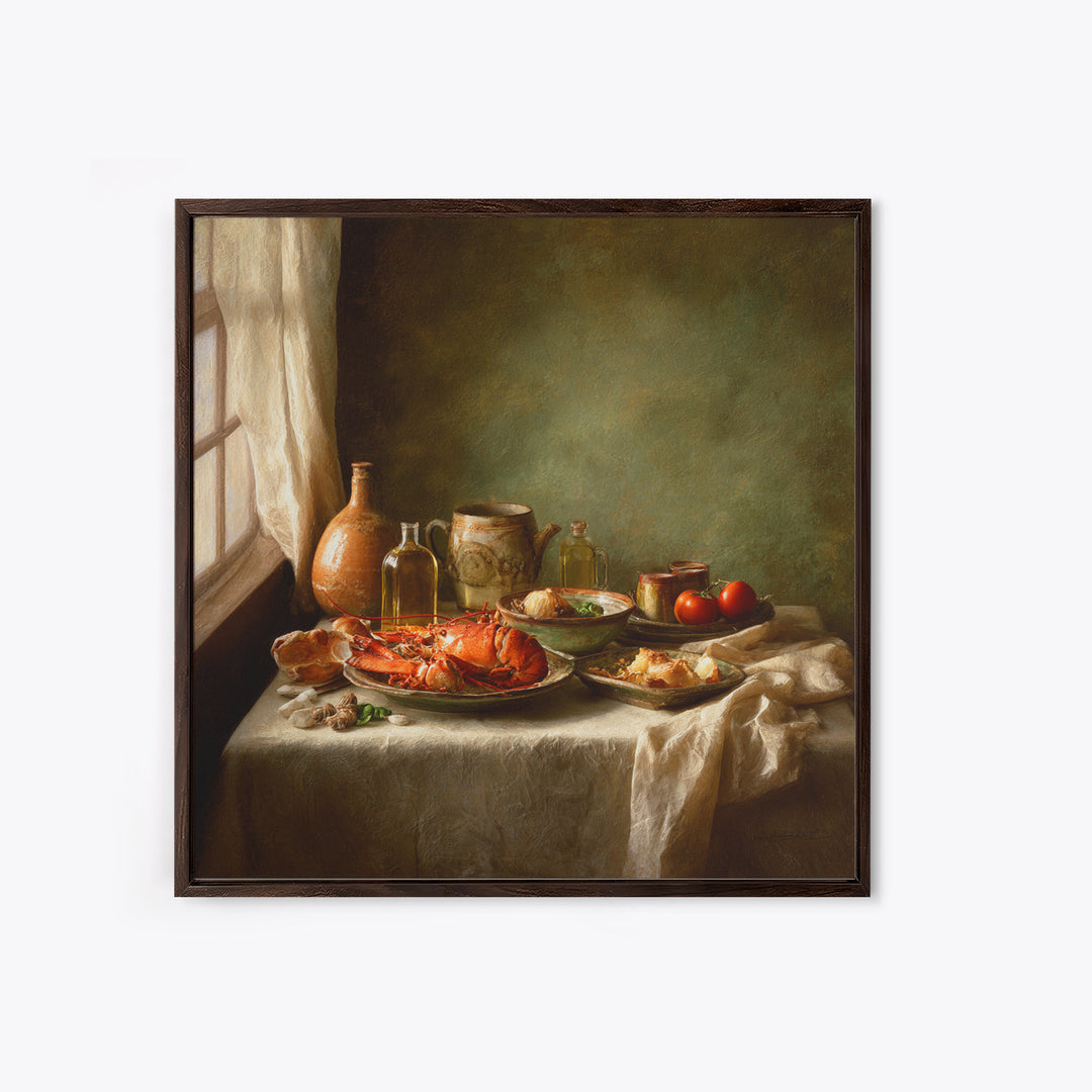 Seafood Lobster and Shell Arrangement Framed Canvas Print, Restaurant Art, Large Wall Art, Restaurant Decor, Fine Art, Bistro, RES-1x1-8