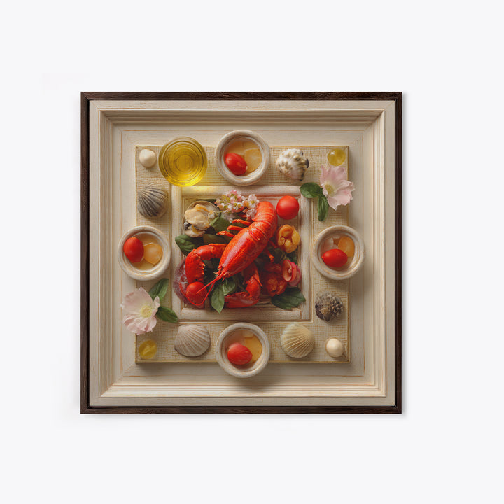 Seafood Lobster and Shell Arrangement Framed Canvas Print, Restaurant Art, Fine Art Print, Restaurant Decor, Fine Art, Bistro, RES-1x1-80