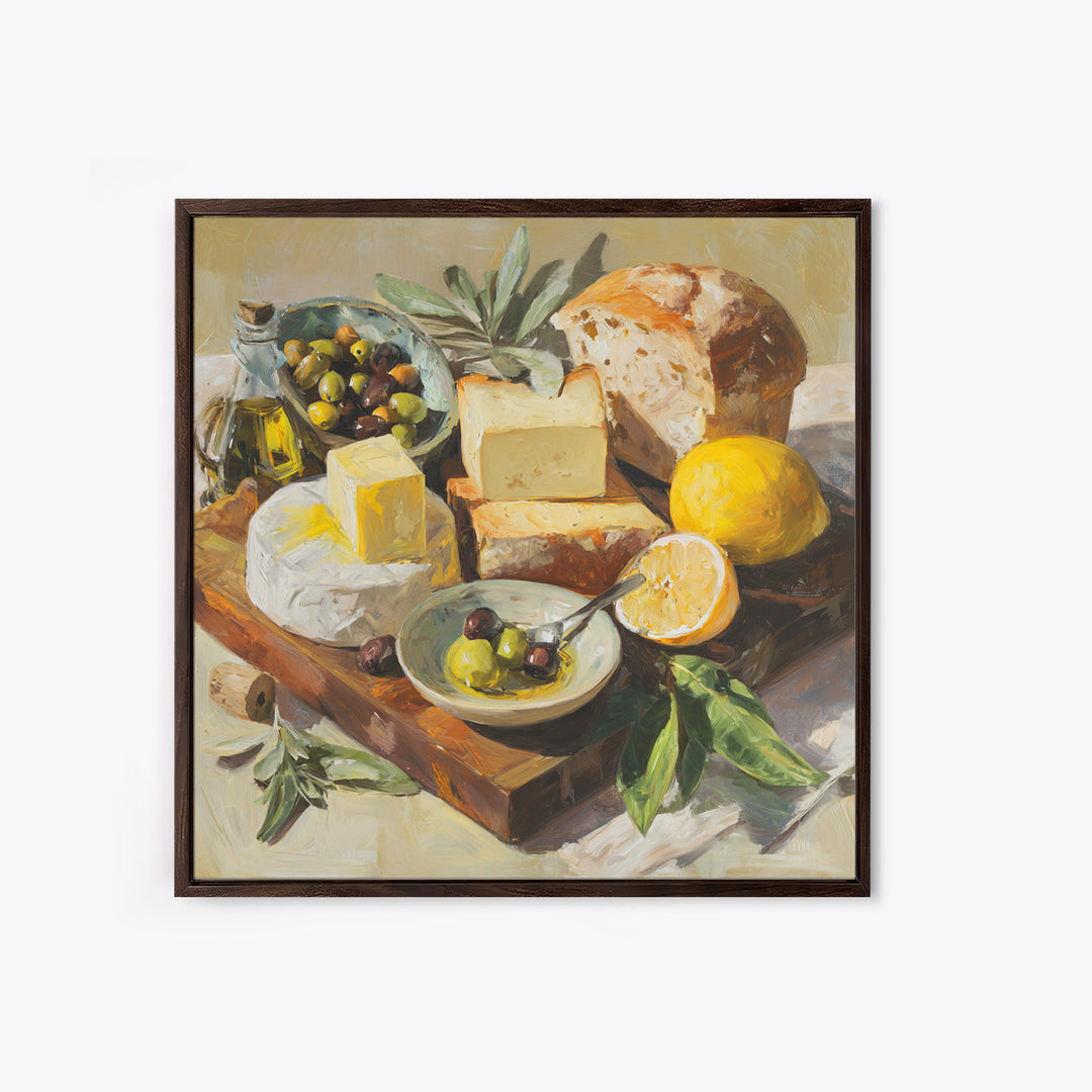 Mediterranean Olives Bread and Cheese Board Canvas Print, Restaurant Art, Wall Decor, Restaurant Decor, Fine Art, Bistro, RES-1x1-81