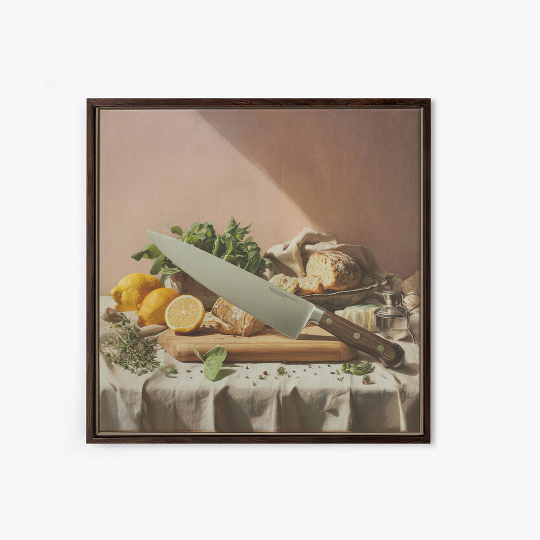Chef Knife Herbs and Cutting Board Still Canvas Print, Restaurant Art, Minimalist Decor, Restaurant Decor, Fine Art, Bistro, RES-1x1-85