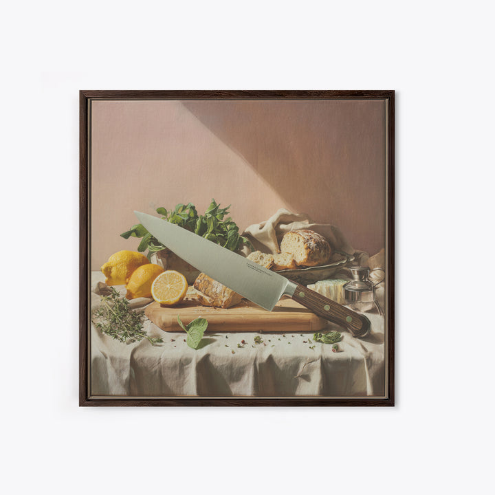 Chef Knife Herbs and Cutting Board Still Canvas Print, Restaurant Art, Minimalist Decor, Restaurant Decor, Fine Art, Bistro, RES-1x1-85