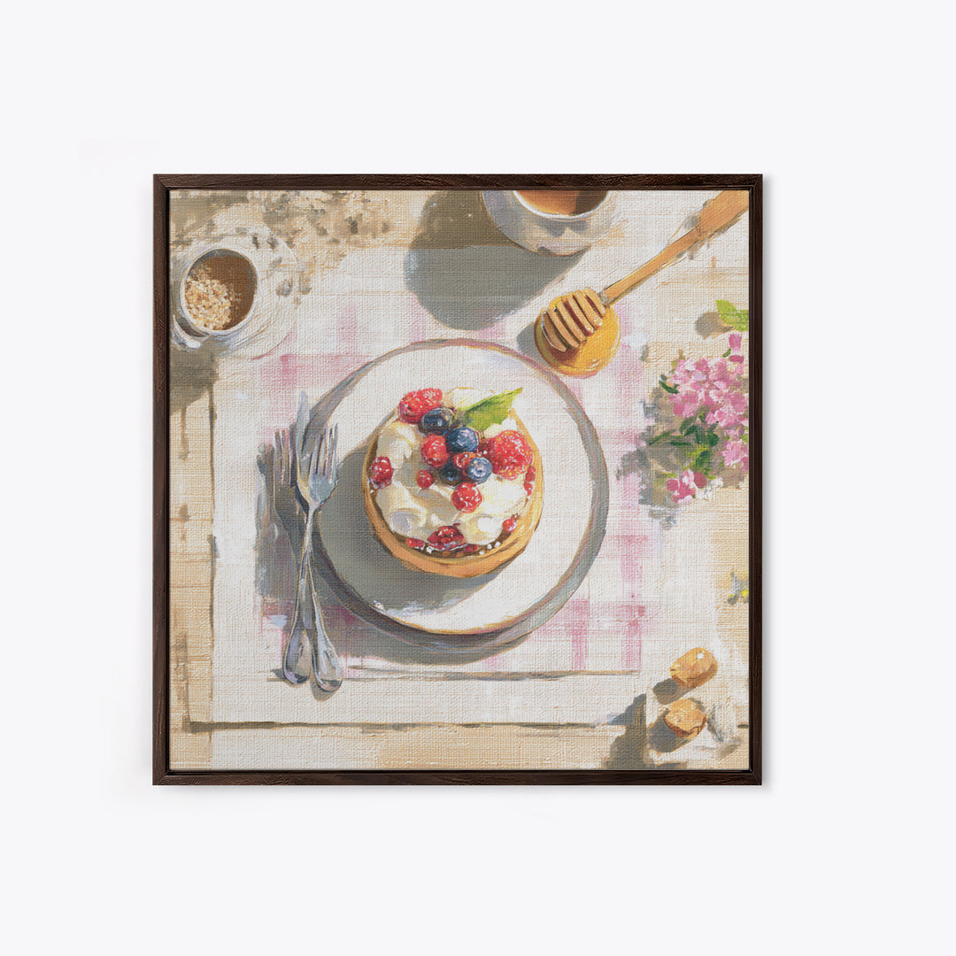 Dessert Tart with Berries and Cream Framed Canvas Print, Restaurant Art, Minimalist Decor, Restaurant Decor, Fine Art, Bistro, RES-1x1-88