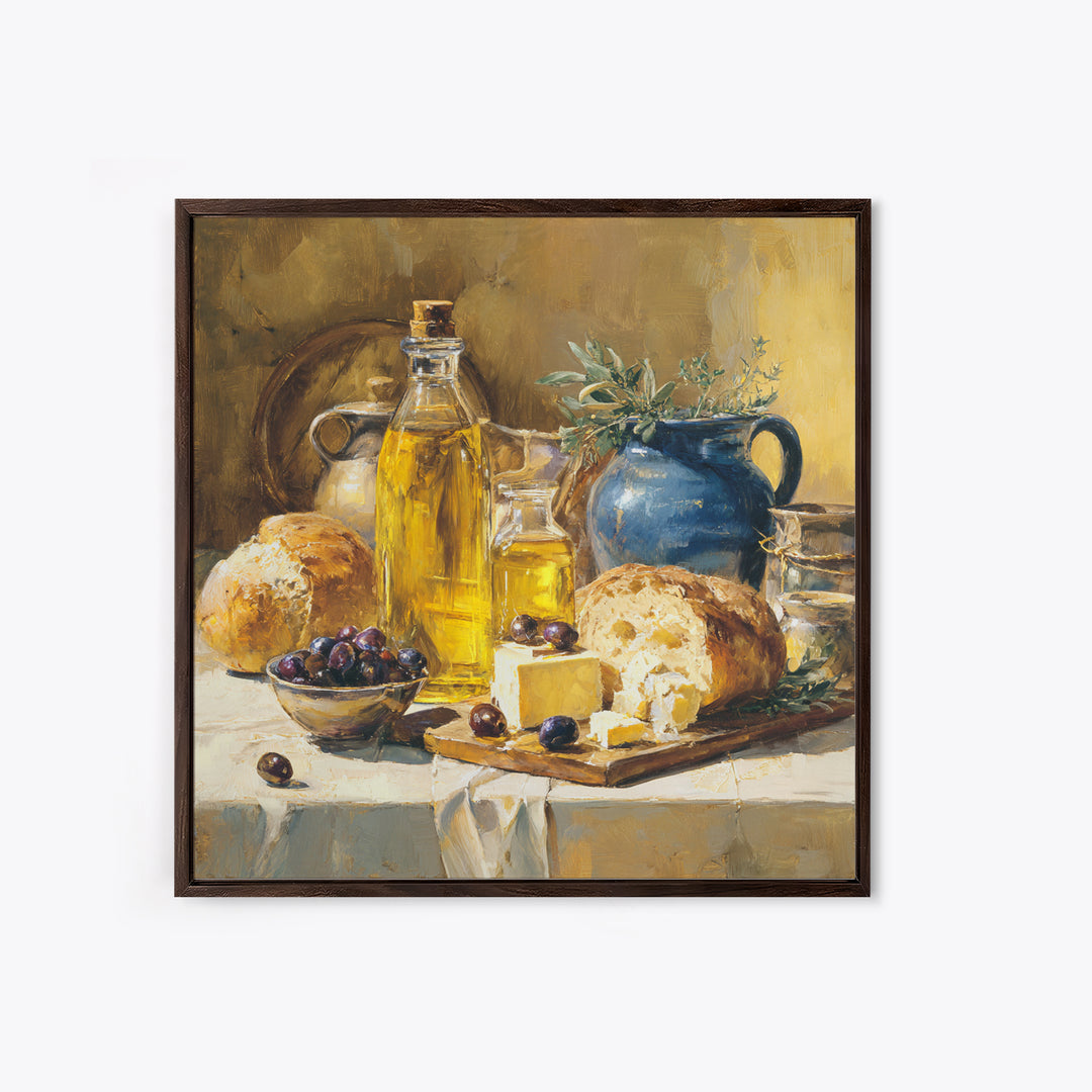 Mediterranean Olives Bread and Cheese Board Canvas Print, Restaurant Art, Statement Artwork, Restaurant Decor, Fine Art, Bistro, RES-1x1-9