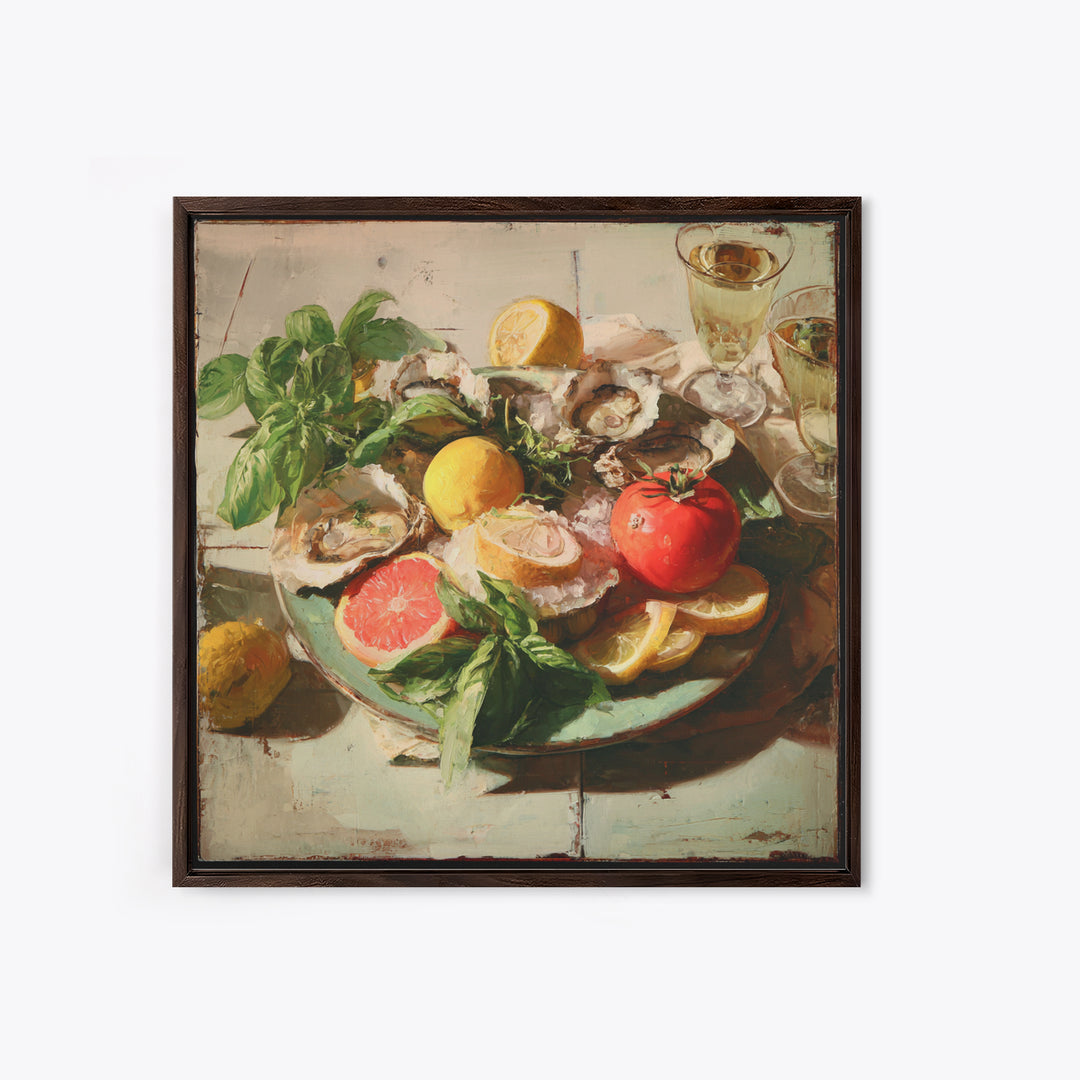 Oyster Platter with Lemons and Champagne Canvas Print, Restaurant Art, Wall Decor, Restaurant Decor, Fine Art, Bistro, RES-1x1-99