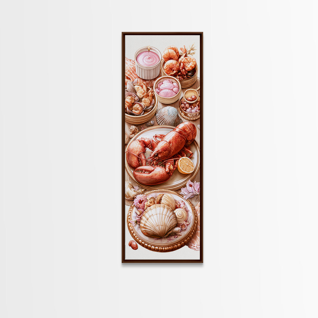Seafood Lobster and Shell Arrangement Framed Canvas Print, Restaurant Art, Poster, Restaurant Decor, Fine Art, Bistro, RES-1x3-20
