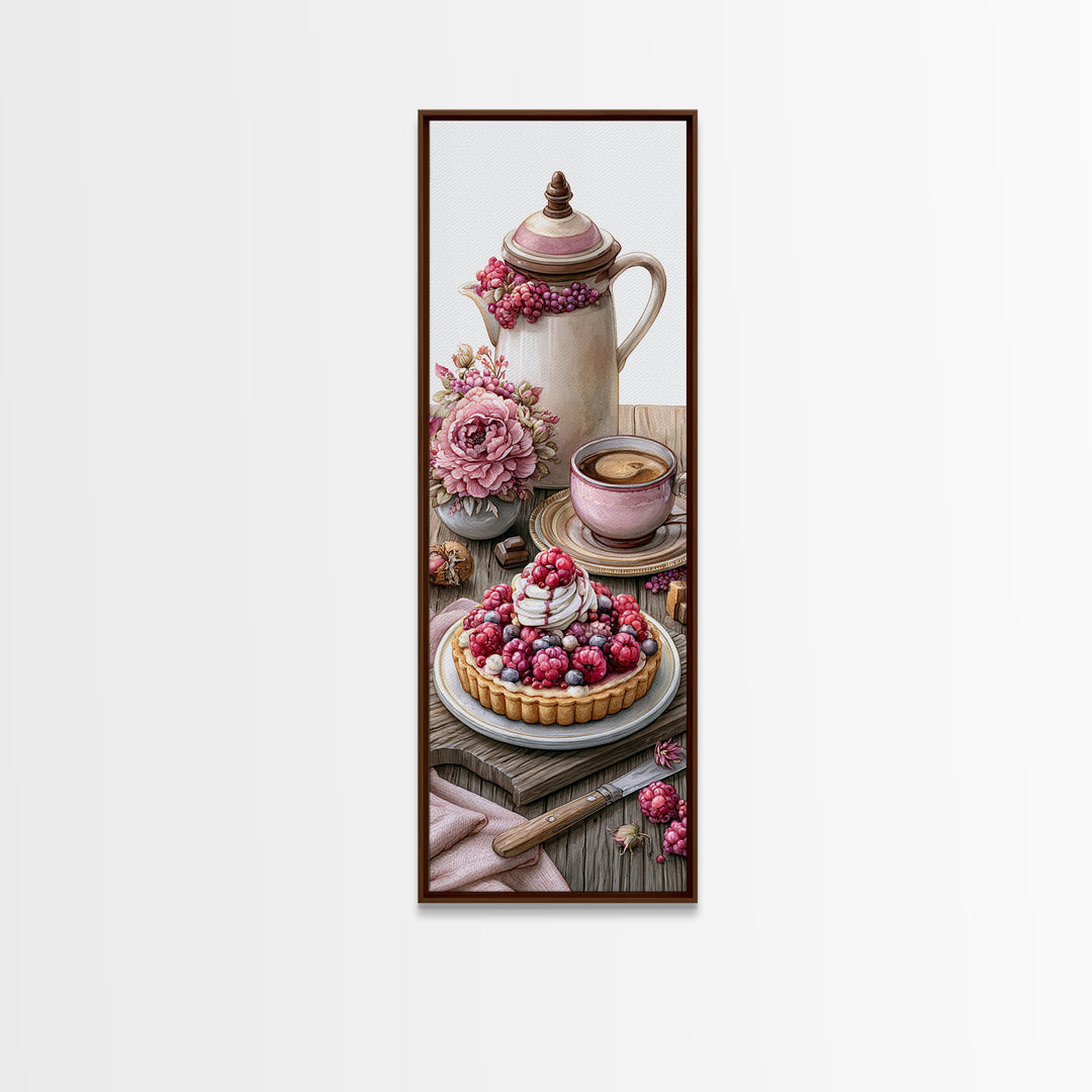 Dessert Tart with Berries and Cream Framed Canvas Print, Restaurant Art, Watercolor Painting, Restaurant Decor, Oil Painting, RES-1x3-76