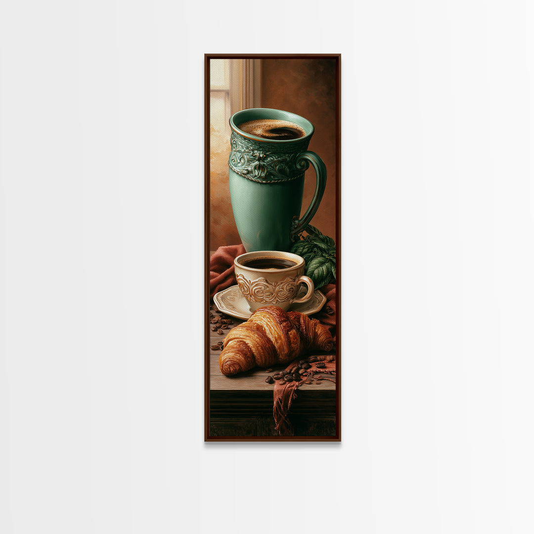 French Bistro Coffee and Croissant Still Life Canvas Print, Restaurant Art, Wall Art, Restaurant Decor, Oil Painting, Bistro, RES-1x3-90