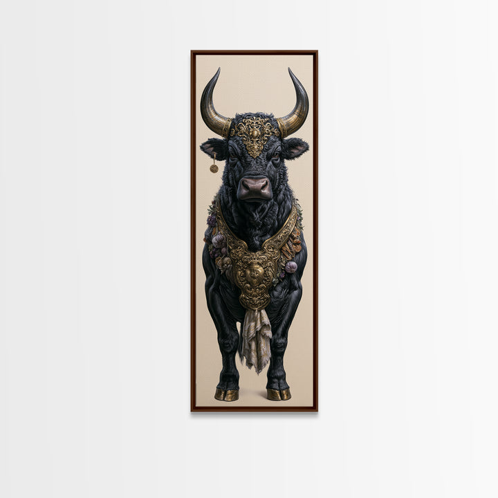 Steakhouse Black and Gold Bull Portrait Framed Canvas Print, Restaurant Art, Boho Decor, Restaurant Decor, Fine Art, Bistro, RES-1x3-91