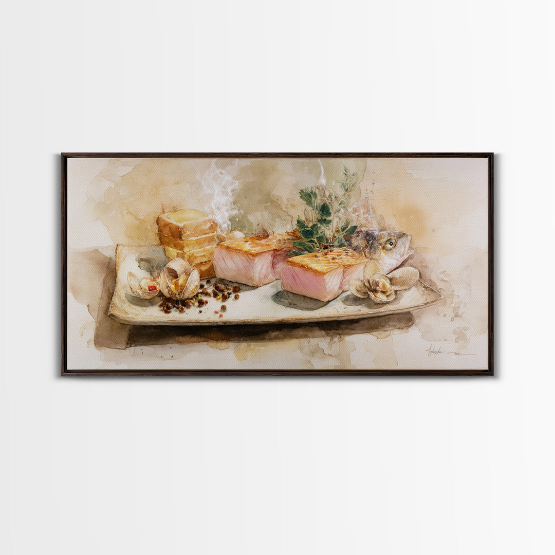 Sushi Fish and Ceramic Plate Composition Framed Canvas Print, Restaurant Art, Large Wall Art, Restaurant Decor, Bistro, RES-2x1-1