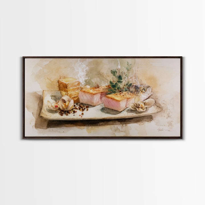 Sushi Fish and Ceramic Plate Composition Framed Canvas Print, Restaurant Art, Large Wall Art, Restaurant Decor, Bistro, RES-2x1-1