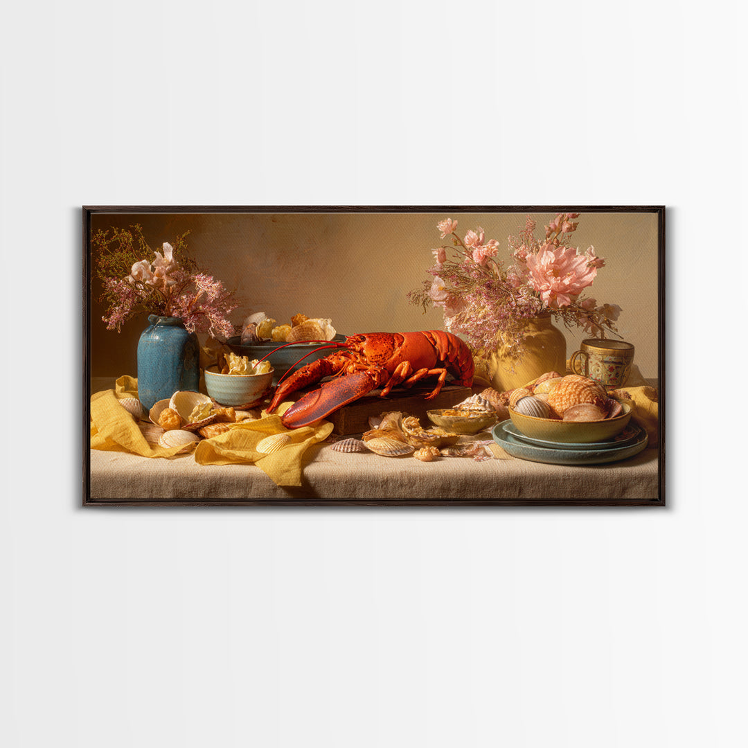 Seafood Lobster and Shell Arrangement Framed Canvas Print, Restaurant Art, Canvas Print, Restaurant Decor, Fine Art, Bistro, RES-2x1-100