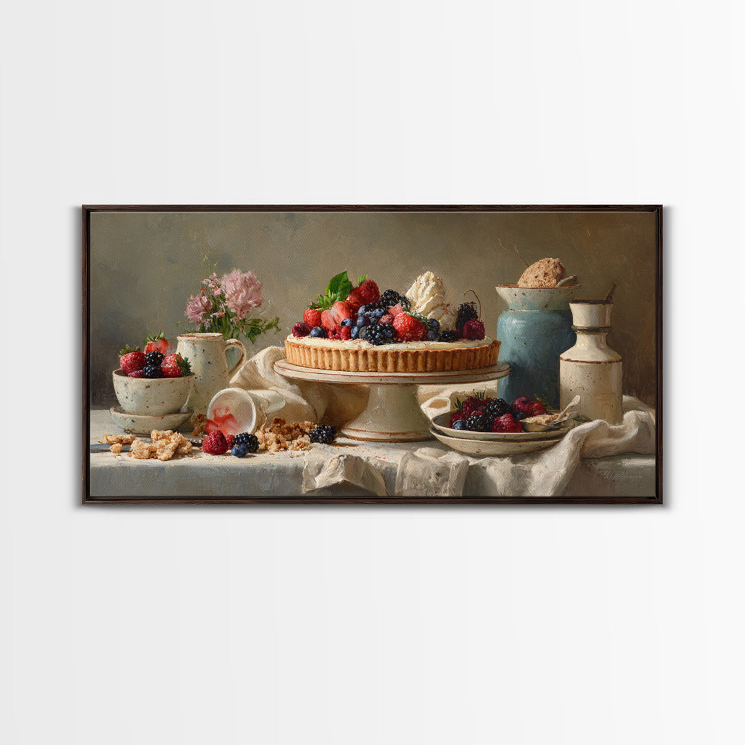 Dessert Tart with Berries and Cream Framed Canvas Print, Restaurant Art, Room Decor, Restaurant Decor, Fine Art, Bistro, RES-2x1-12
