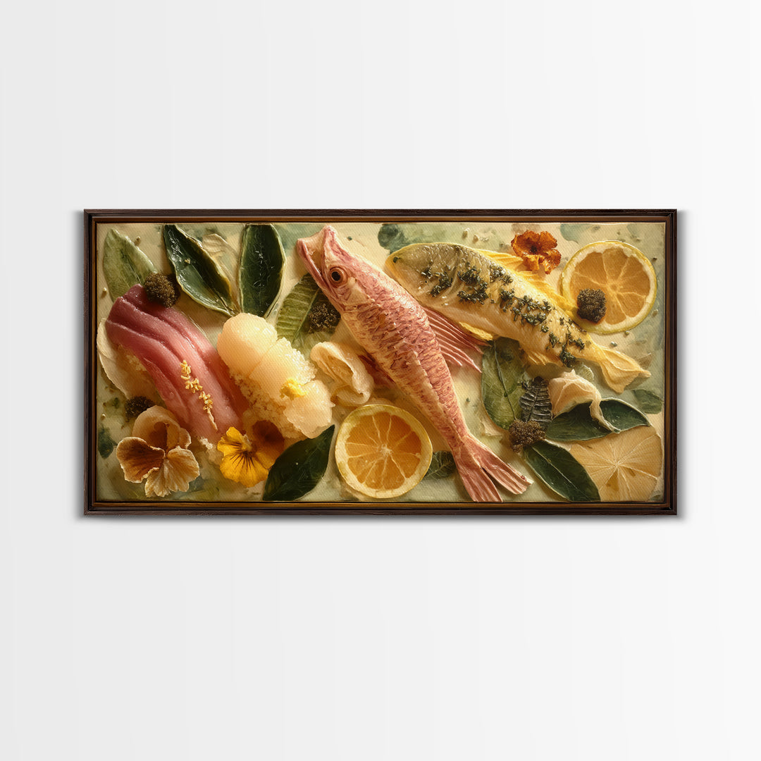 Sushi Fish and Ceramic Plate Composition Framed Canvas Print, Restaurant Art, Large Wall Art, Restaurant Decor, Bistro, RES-2x1-25