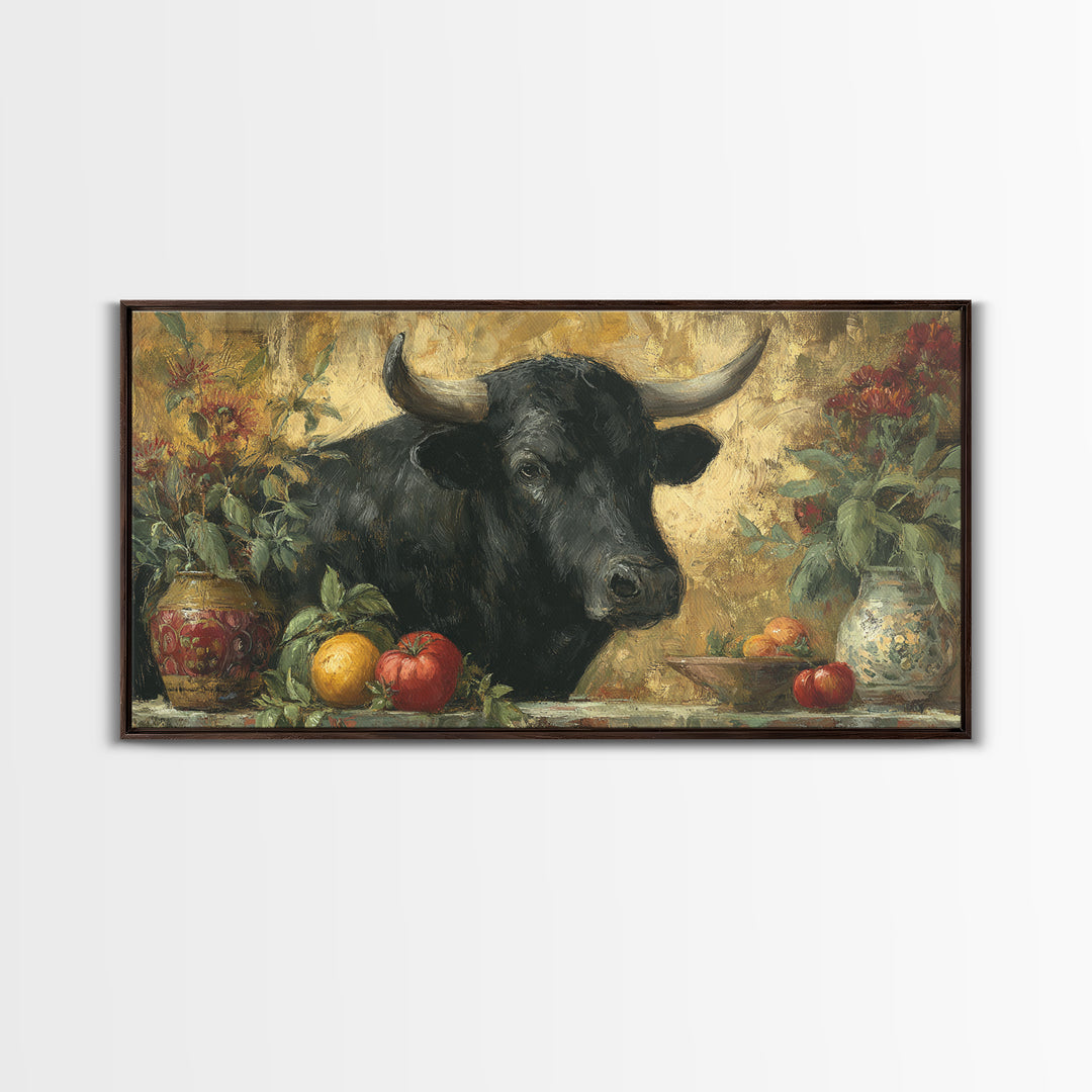 Steakhouse Black and Gold Bull Portrait Framed Canvas Print, Restaurant Art, Boho Decor, Restaurant Decor, Fine Art, Bistro, RES-2x1-27