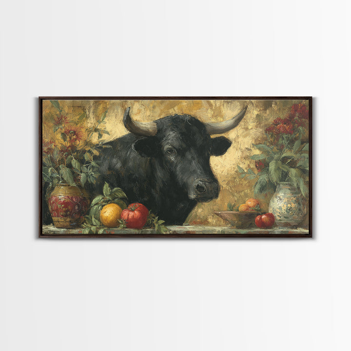 Steakhouse Black and Gold Bull Portrait Framed Canvas Print, Restaurant Art, Boho Decor, Restaurant Decor, Fine Art, Bistro, RES-2x1-27