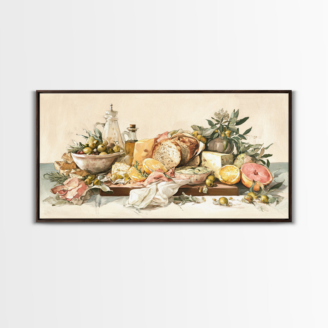 Mediterranean Olives Bread and Cheese Board Canvas Print, Restaurant Art, Framed Wall Art, Restaurant Decor, Bistro, Food Art, RES-2x1-29