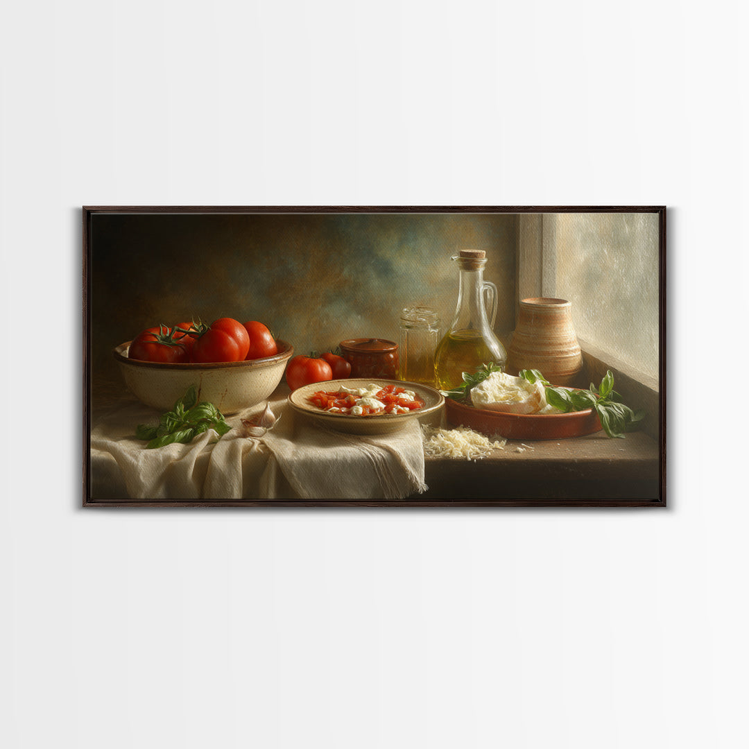 Pizzeria Tomato Basil and Mozzarella Still Life Canvas Print, Restaurant Art, Minimalist Decor, Restaurant Decor, Bistro, RES-2x1-30