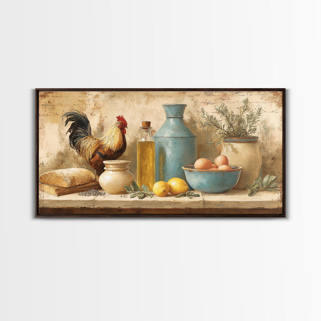 Rooster and Herbs for Farmhouse Restaurant Mood Framed Canvas Print, Restaurant Art, Poster, Restaurant Decor, Fine Art, Bistro, RES-2x1-40