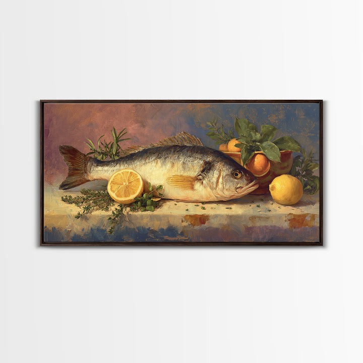 Fresh Fish with Lemon and Herbs Framed Canvas Print, Restaurant Art, Large Wall Art, Restaurant Decor, Fine Art, Bistro, RES-2x1-43