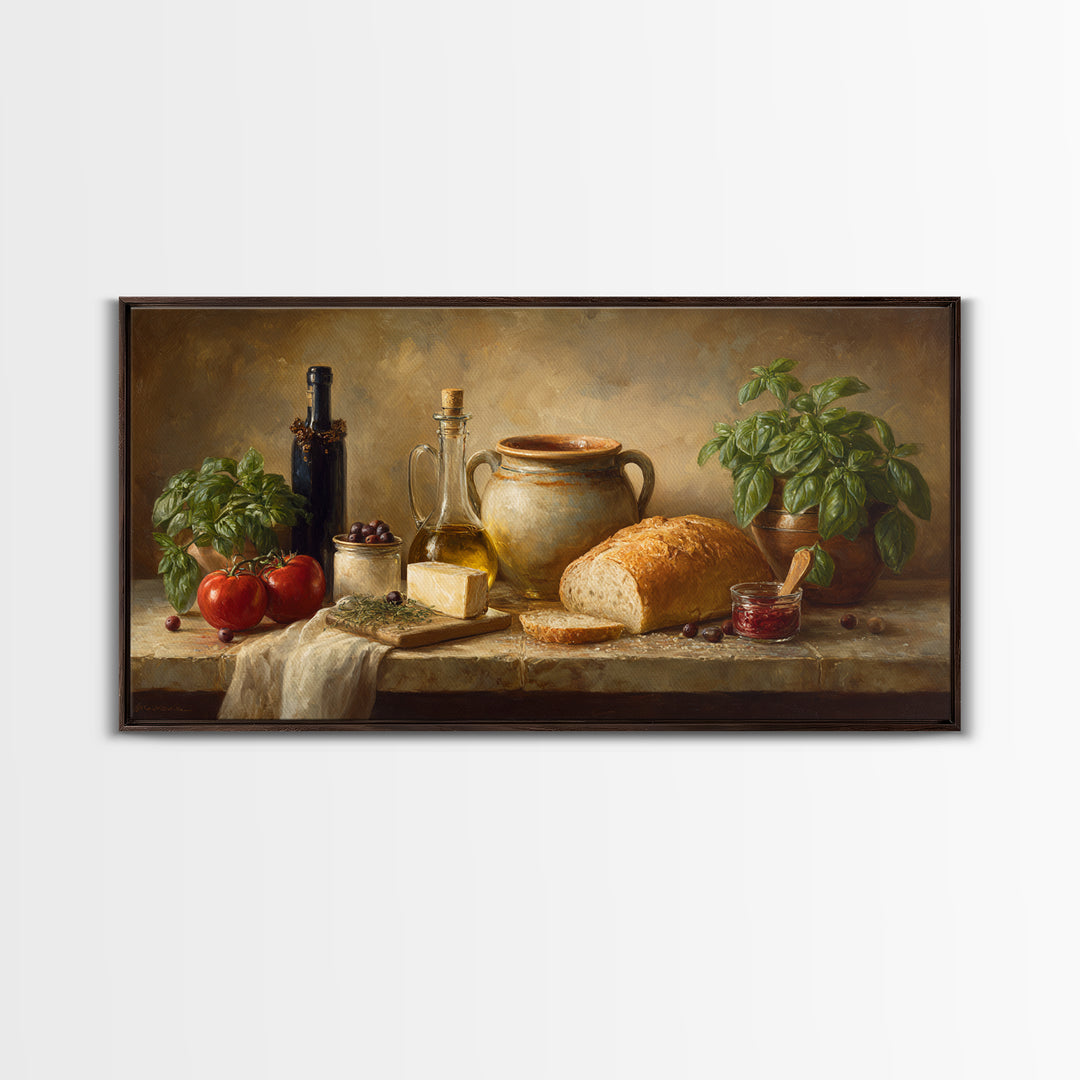 Mediterranean Olives Bread and Cheese Board Canvas Print, Restaurant Art, Framed Wall Art, Restaurant Decor, Bistro, Food Art, RES-2x1-5