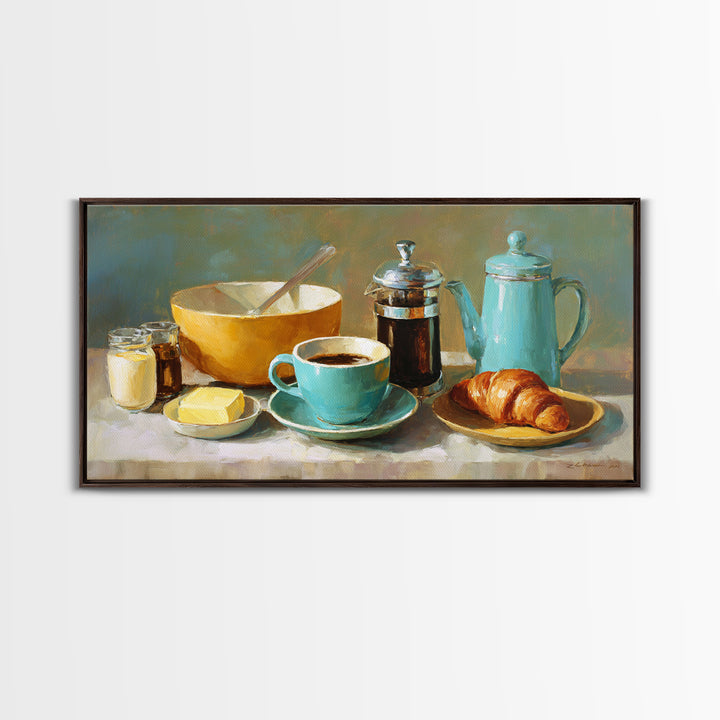 French Bistro Coffee and Croissant Still Life Framed Canvas Print, Restaurant Art, Wall Decor, Restaurant Decor, Bistro, RES-2x1-50