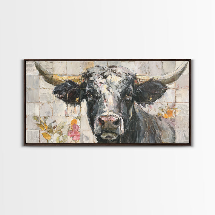 Steakhouse Black and Gold Bull Portrait Framed Canvas Print, Restaurant Art, Farmhouse Decor, Restaurant Decor, Bistro, RES-2x1-51
