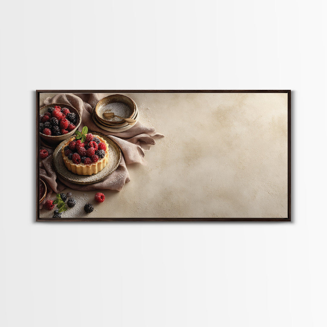 Dessert Tart with Berries and Cream Framed Canvas Print, Restaurant Art, Restaurant Decor, Oil Painting, Bistro, RES-2x1-60