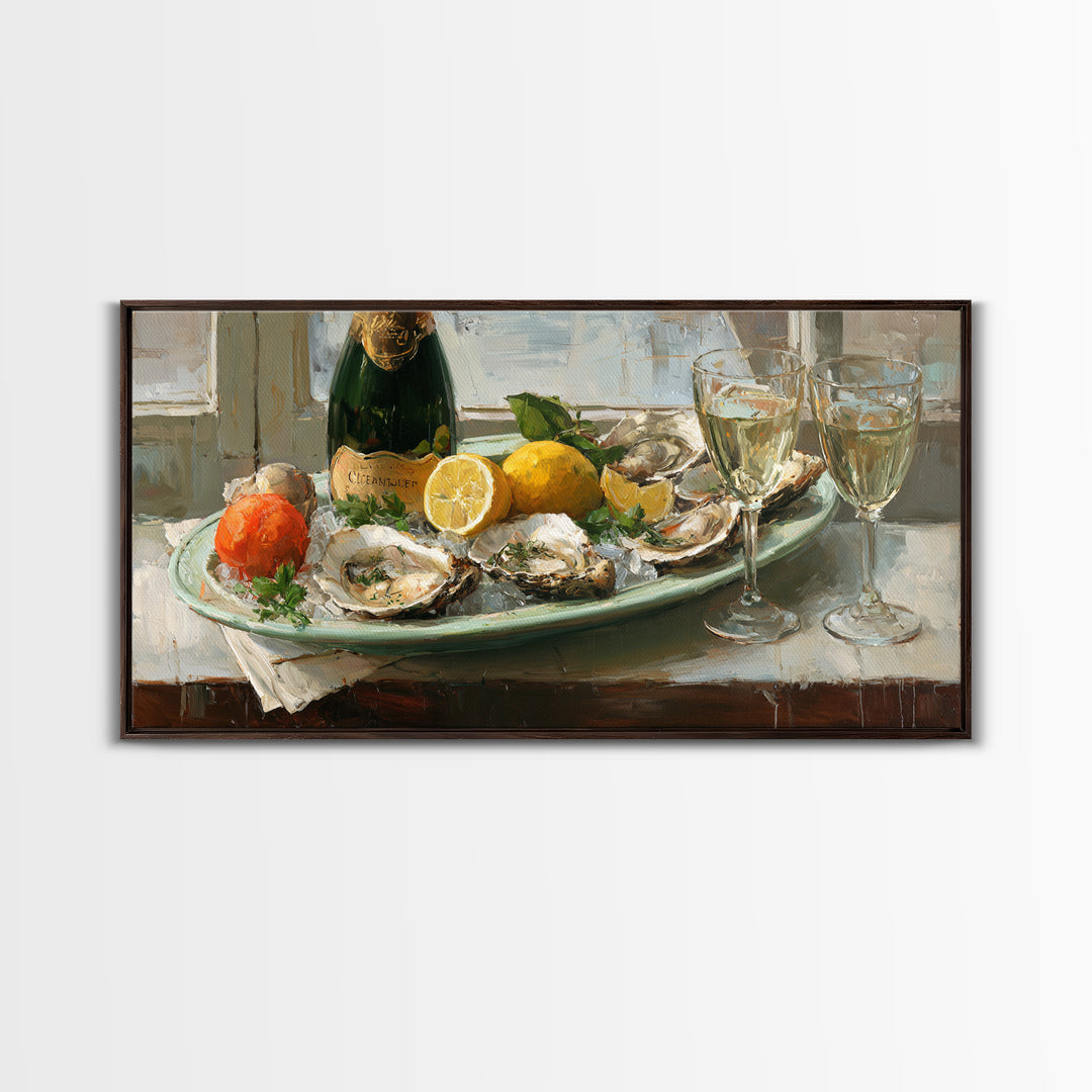 Oyster Platter with Lemons and Champagne Canvas Print, Restaurant Art, Watercolor Art, Restaurant Decor, Abstract Art, Bistro, RES-2x1-71