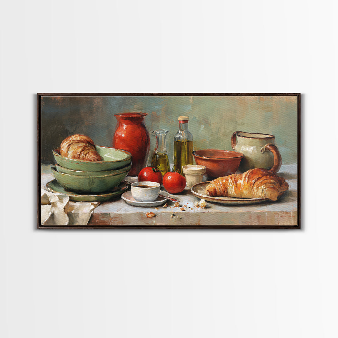 French Bistro Coffee and Croissant Still Life Canvas Print, Restaurant Art, Framed Wall Art, Restaurant Decor, Watercolor Art, RES-2x1-74