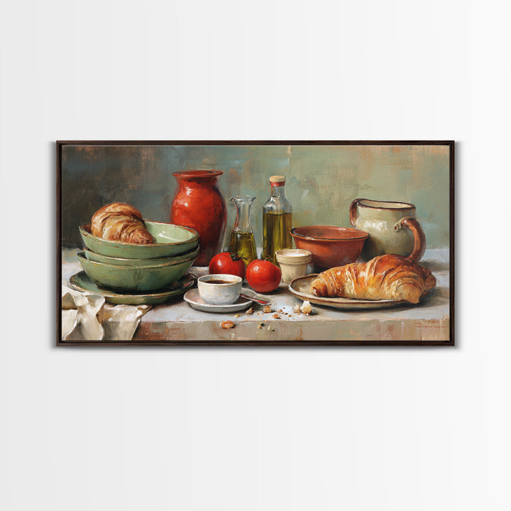 French Bistro Coffee and Croissant Still Life Canvas Print, Restaurant Art, Framed Wall Art, Restaurant Decor, Watercolor Art, RES-2x1-74