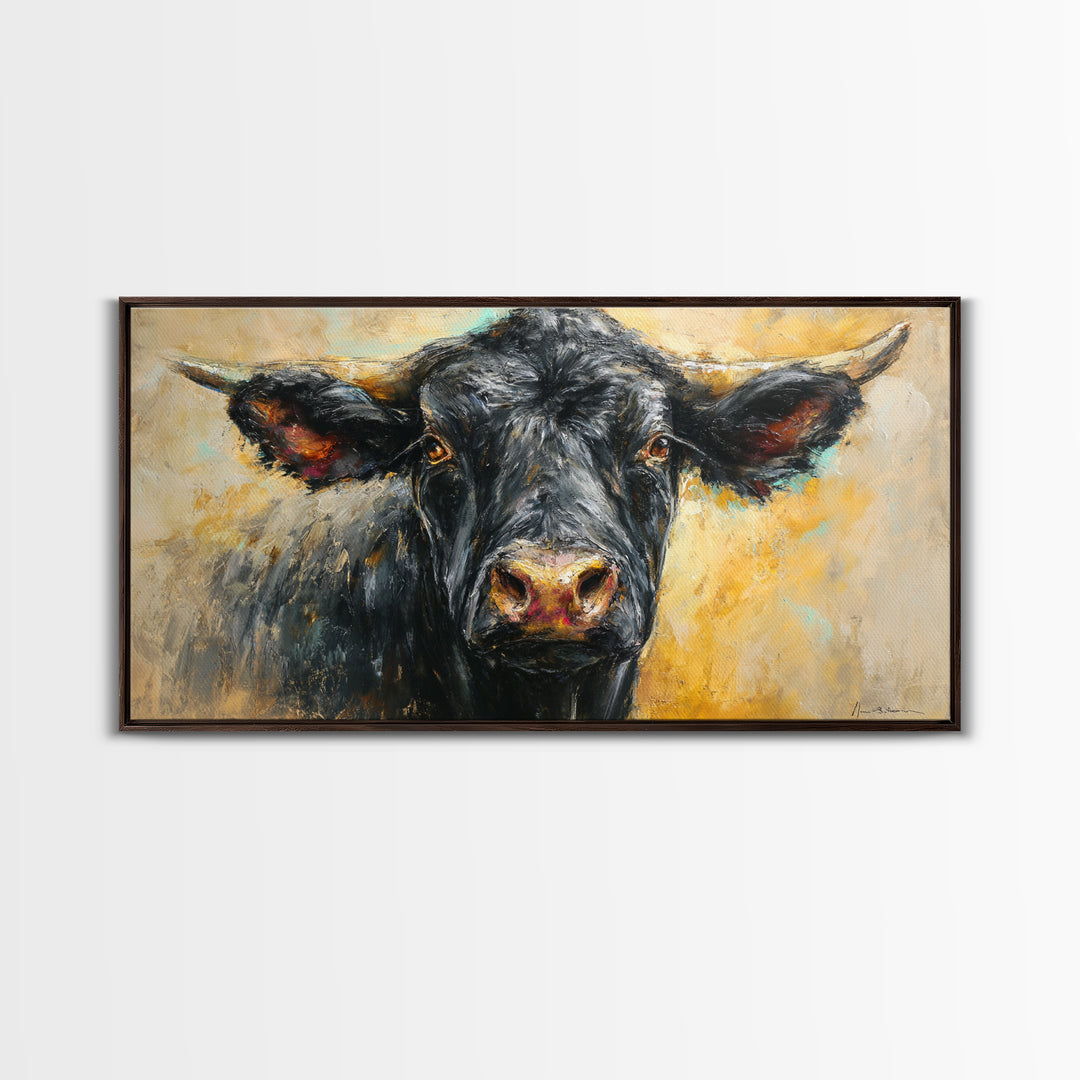 Steakhouse Black and Gold Bull Portrait Framed Canvas Print, Restaurant Art, Room Decor, Restaurant Decor, Oil Painting, Bistro, RES-2x1-75
