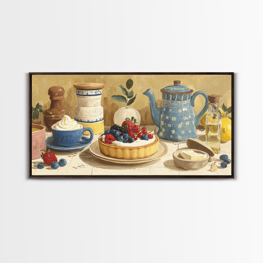 Dessert Tart with Berries and Cream Framed Canvas Print, Restaurant Art, Living Room Decor, Restaurant Decor, Fine Art, Bistro, RES-2x1-84