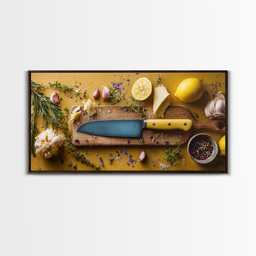 Chef Knife Herbs and Cutting Board Still Framed Canvas Print, Restaurant Art, Art Print, Restaurant Decor, Fine Art, Bistro, RES-2x1-9