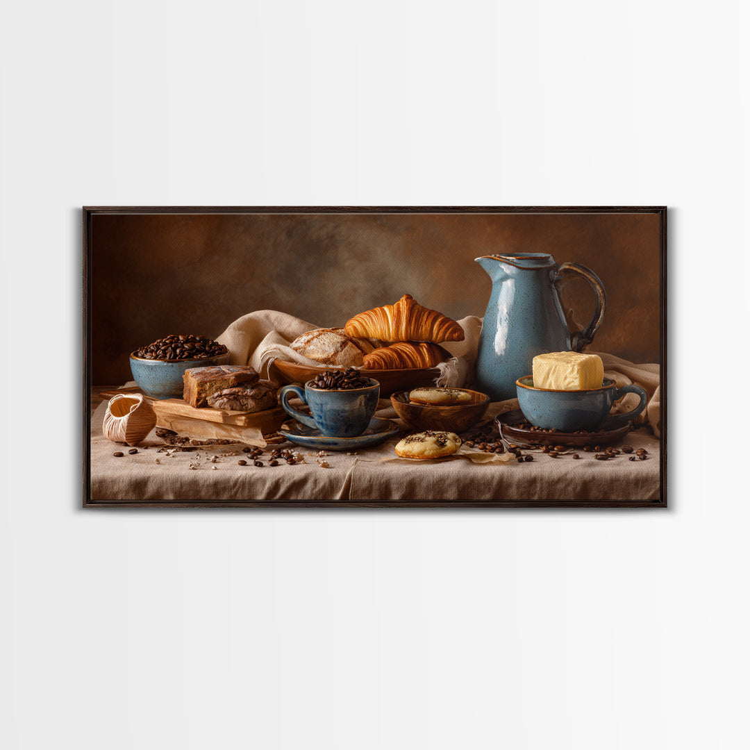 Coffee Beans and Pastry Arrangement Framed Canvas Print, Restaurant Art, Restaurant Decor, Oil Painting, Bistro, RES-2x1-90