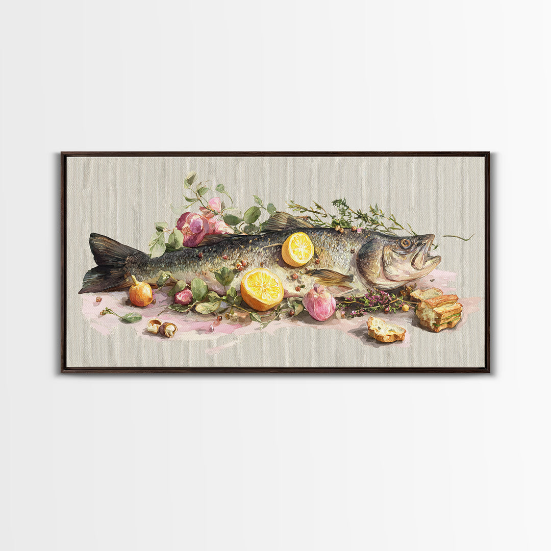 Fresh Fish with Lemon and Herbs Framed Canvas Print, Restaurant Art, Kitchen Decor, Restaurant Decor, Fine Art, Bistro, RES-2x1-91