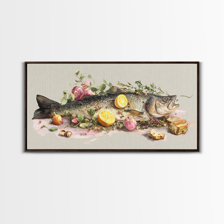 Fresh Fish with Lemon and Herbs Framed Canvas Print, Restaurant Art, Kitchen Decor, Restaurant Decor, Fine Art, Bistro, RES-2x1-91