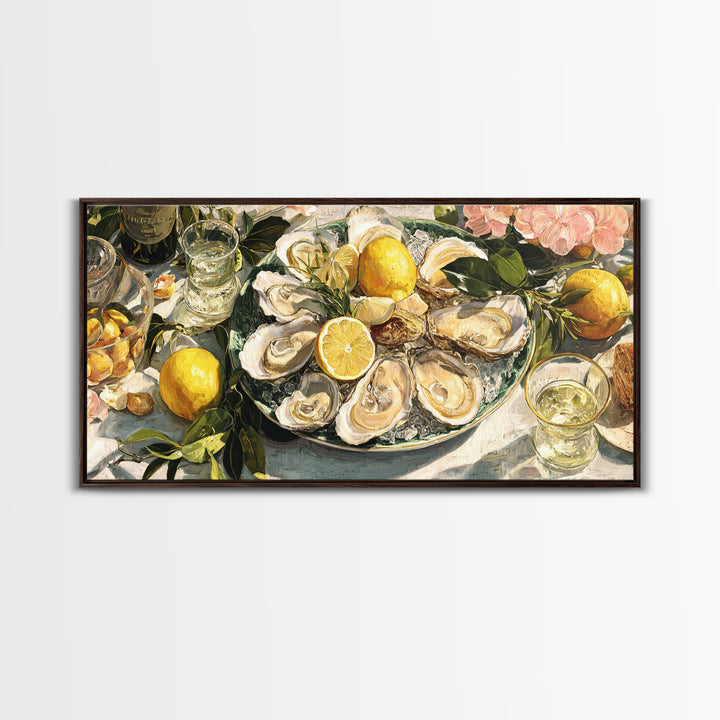 Oyster Platter with Lemons and Champagne Framed Canvas Print, Restaurant Art, Neutral Decor, Restaurant Decor, Fine Art, Bistro, RES-2x1-95