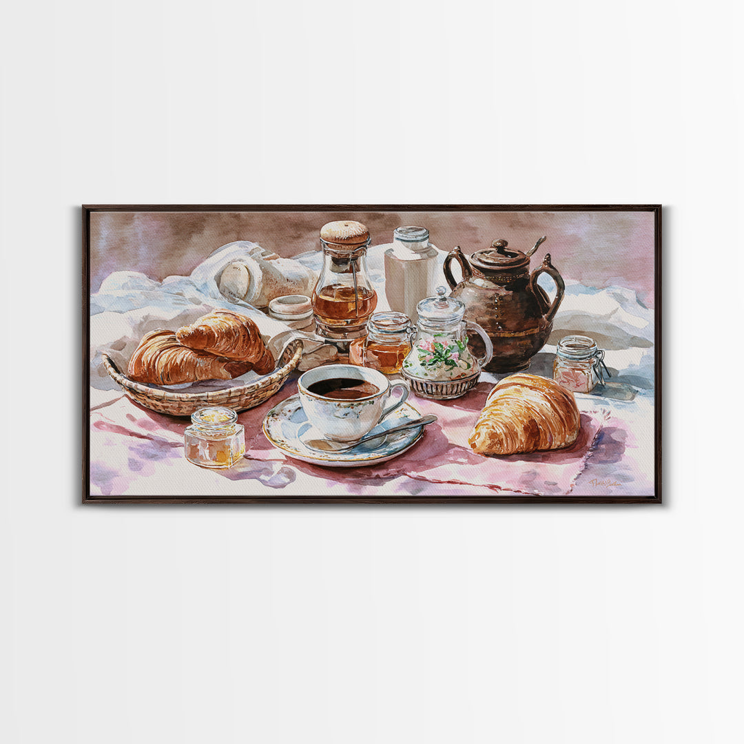 French Bistro Coffee and Croissant Still Life Canvas Print, Restaurant Art, Framed Wall Art, Restaurant Decor, Watercolor Art, RES-2x1-98